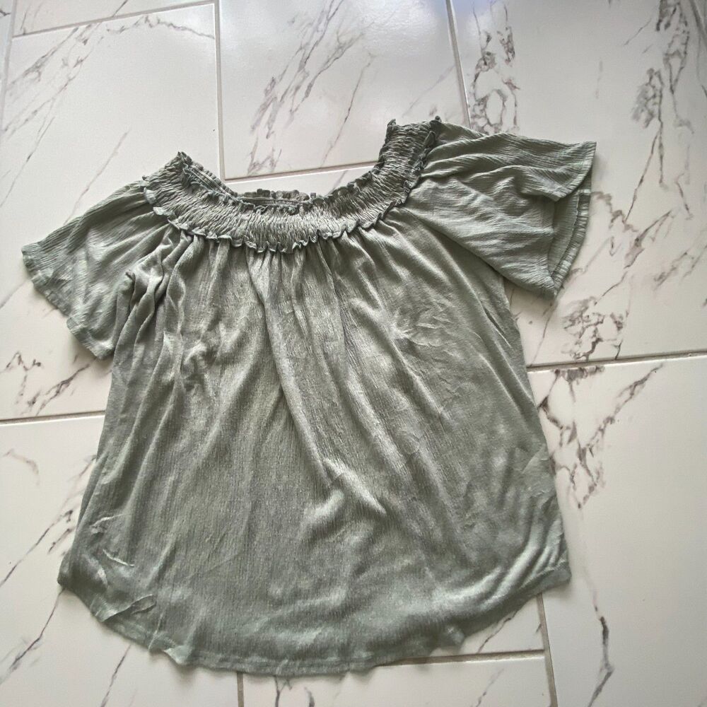 French Laundry Women 2X Green Smocked Off Shoulder Short Sleeve Blouse